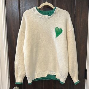 Cozy White Sweater with Green Heart